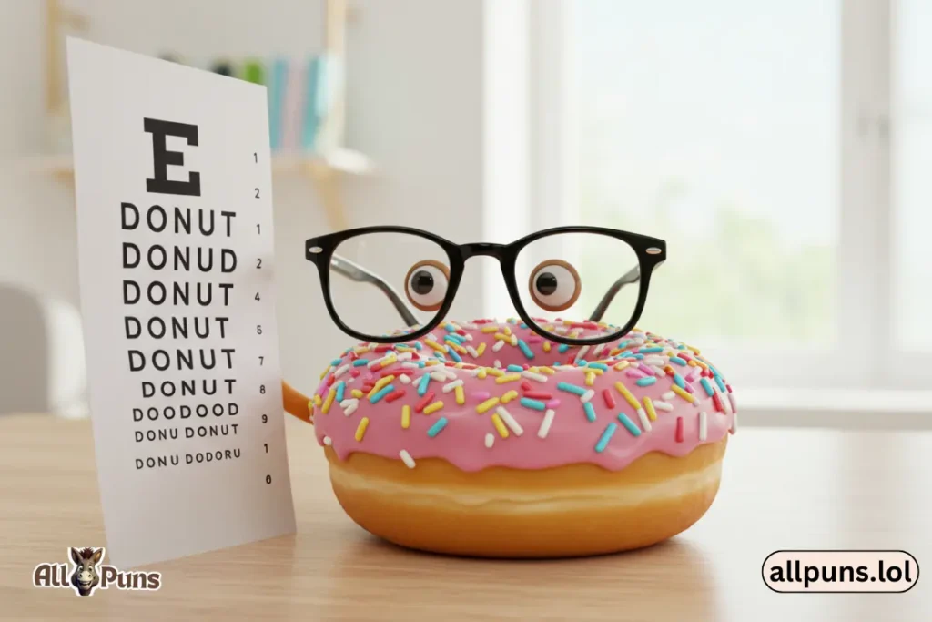 A donut with thick glasses looking at an eye chart that just says "DONUT DONUT DONUT"