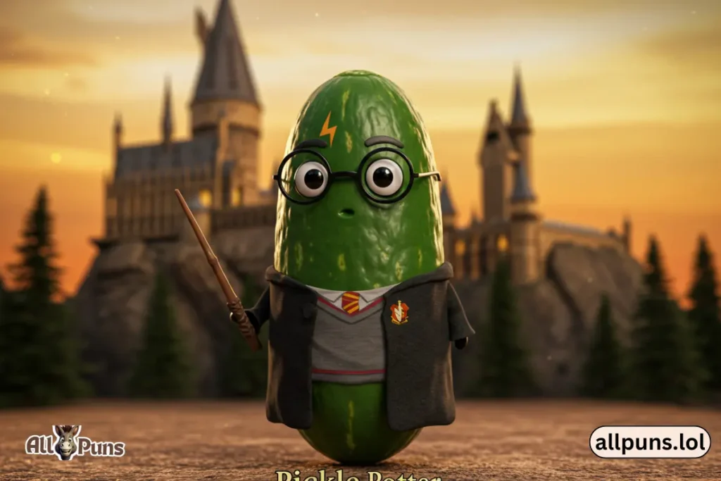 150+ Pickle Puns & Jokes That’ll Make You Relish the Laughs Pickle dressed like Harry Potter holding a wand: “Pickle Potter.”