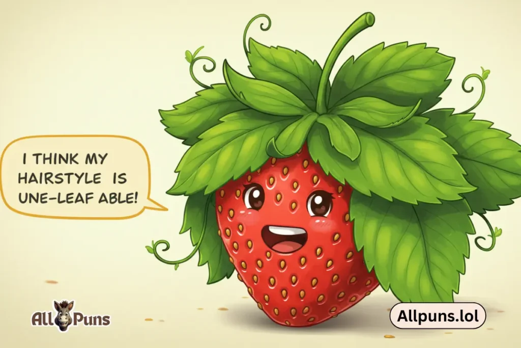 Funny Strawberry Puns to Sweeten Your Day A strawberry with exaggeratedly large leaves as hair, saying, “I think my hairstyle is unbe-leaf-able!”