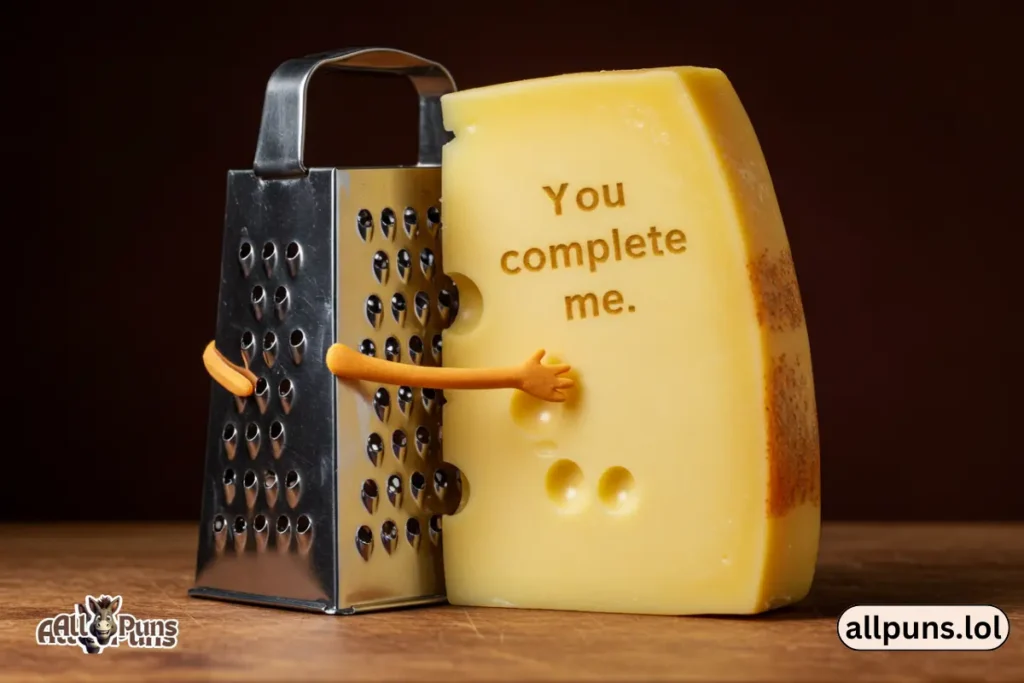 110+ Pizza Puns -Cheesy, Flirty and Totally Slice-tastic Pizza grater and cheese block hugging with âYou complete me.â