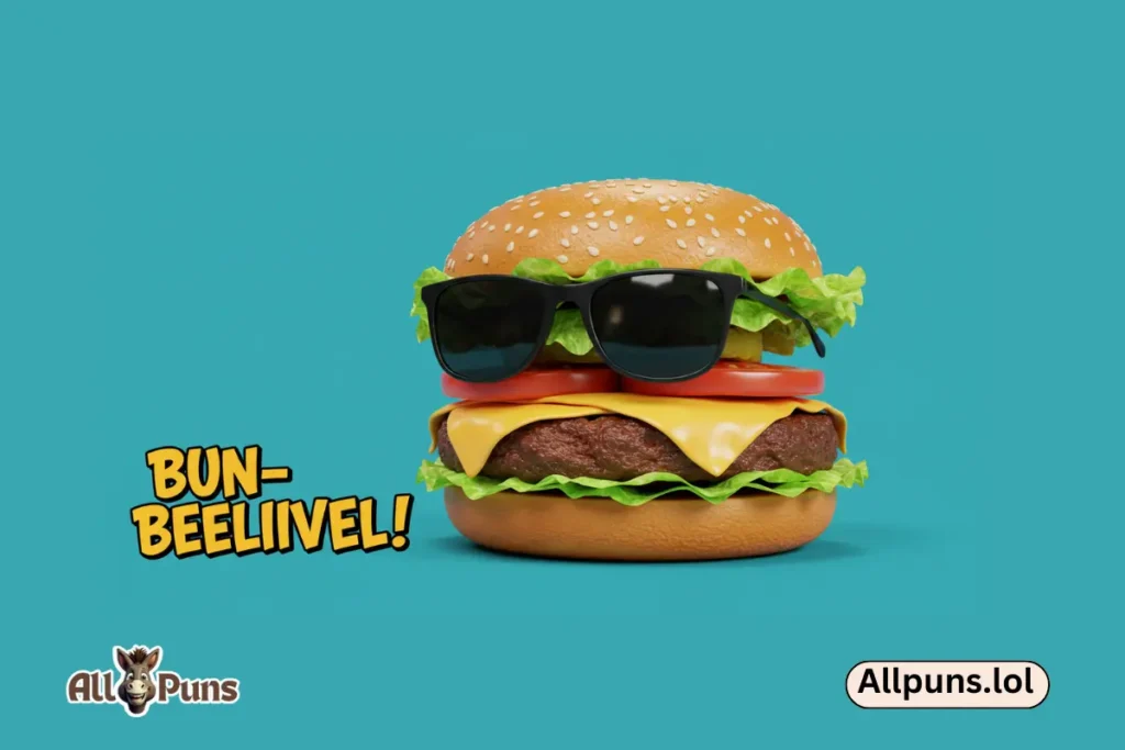 Burger Puns: A Deliciously Funny Collection A stylish burger posing for a selfie with sunglasses and a caption saying "Bun-believable!