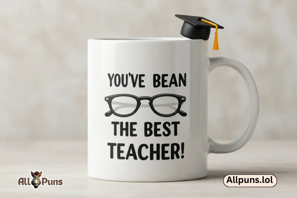 Best Funny Coffee Puns to Perk Up Your Day A coffee cup with glasses and a tiny graduation cap, saying, "You’ve bean the best teacher!"