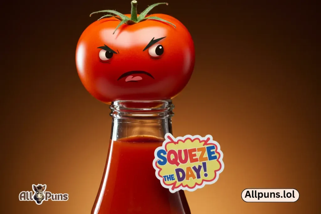 Tomato Puns and Funny One-Liners A tomato squeezing itself into a ketchup bottle with the caption, "Squeeze the day!"