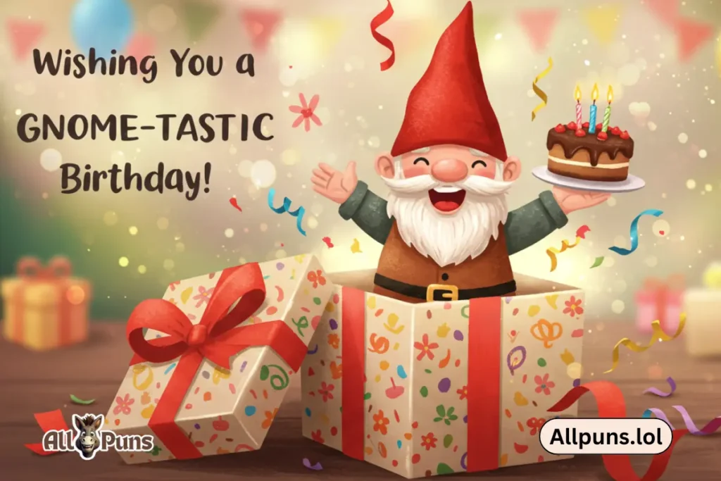 Delightful Gnome Puns to Tickle Your Funny Bone A gnome popping out of a present with “Wishing You a Gnome-tastic Birthday!”