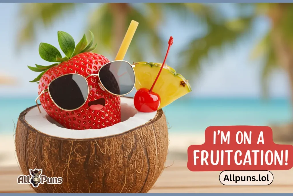 Funny Strawberry Puns to Sweeten Your Day A strawberry wearing sunglasses, sitting in a coconut drink, saying, “I’m on a fruitcation!”