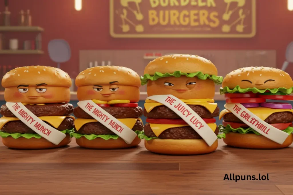 Burger Puns: A Deliciously Funny Collection A lineup of anthropomorphic burgers, each wearing a sash with funny names like "The Mighty Munch," "The Juicy Lucy," and "The Grill Thrill.