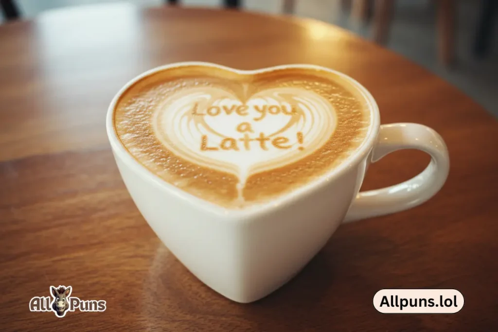 Best Funny Coffee Puns to Perk Up Your Day A heart-shaped coffee cup with froth spelling out "Love you a latte!"