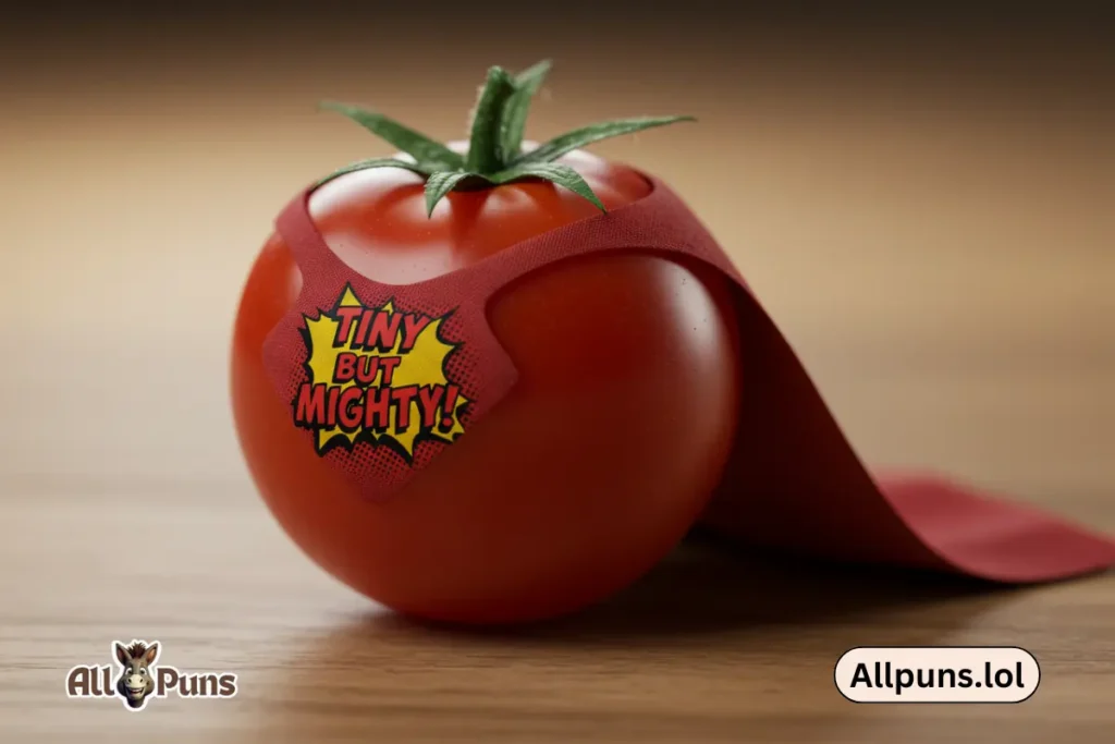 Tomato Puns and Funny One-Liners A tiny cherry tomato wearing a superhero cape with the text, "Tiny but mighty!"