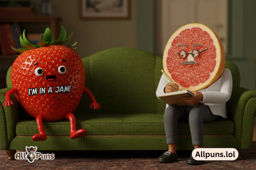 Funny Strawberry Puns to Sweeten Your Day A strawberry lying on a therapist’s couch, saying, “I’m in a jam!” while the therapist (another fruit) takes notes.