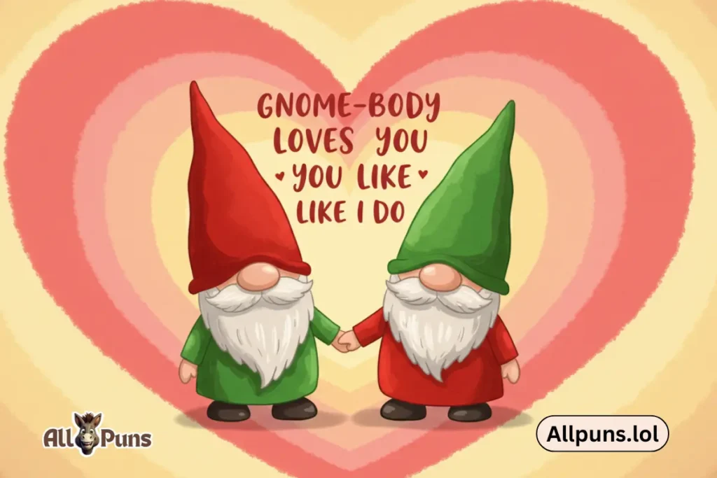 Delightful Gnome Puns to Tickle Your Funny Bone Two gnomes holding hands with a heart-shaped background and the caption, “Gnome-body Loves You Like I Do.”