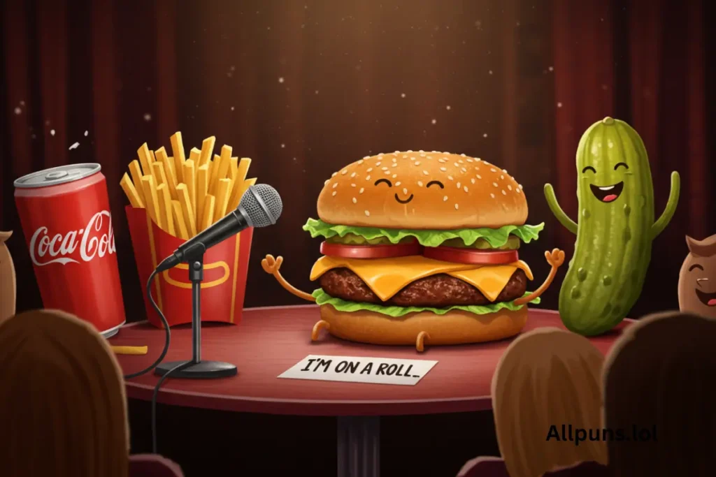 Burger Puns: A Deliciously Funny Collection A burger and a slice of cheese doing a "patty-cake" handshake while laughing at each otherโs jokes.