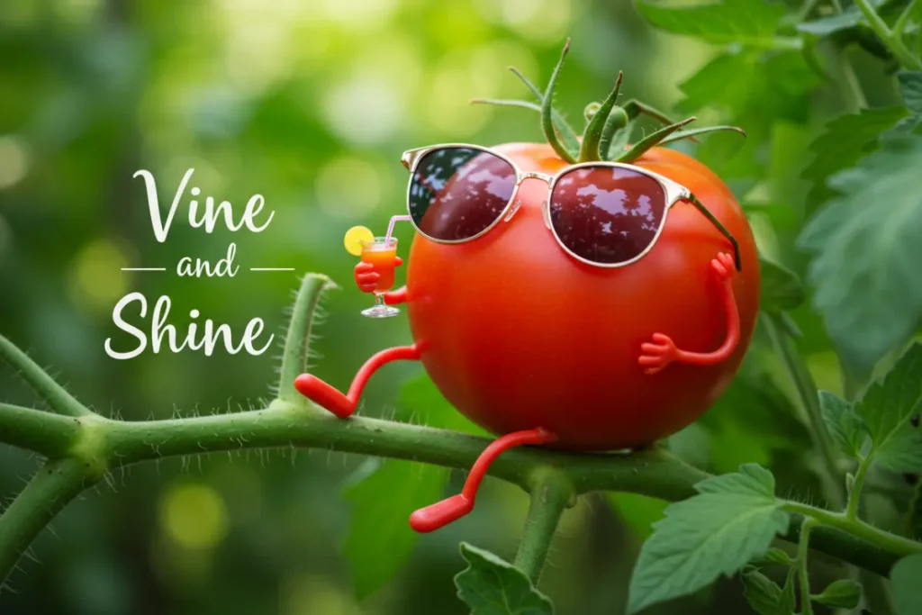 Tomato Puns and Funny One-Liners A tomato lounging on a vine with sunglasses, holding a tiny drink, and the text, "Vine and shine."