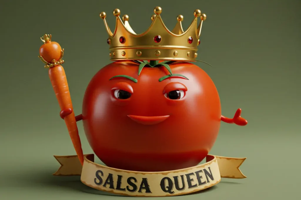 Tomato Puns and Funny One-Liners A tomato wearing a crown and holding a scepter with the text, "Salsa Queen."