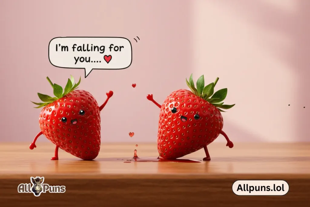 Funny Strawberry Puns to Sweeten Your Day Two strawberries holding hands, but one says, “I’m falling for you,” while literally falling off a table.