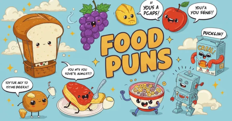 A playful twist on the phrase "food Puns," combining humor and a variety of foods from your list