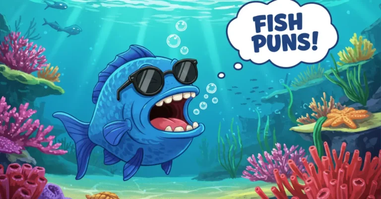 A cartoon fish laughing hysterically underwater with a "Fish Puns" bubble and sunglasses.