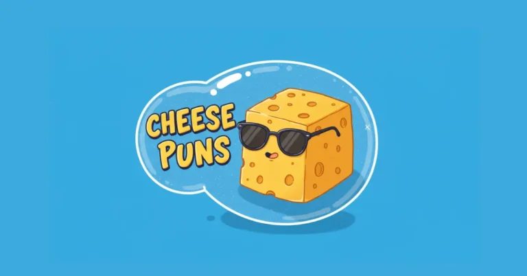 funny cheese having sunglasses and in a bubble "Cheese Puns" with blue background