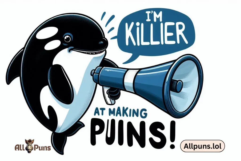 110+ Whale Puns | Cheesy, Love and Funny One-liners An orca holding a megaphone, announcing, “I’m killer at making puns
