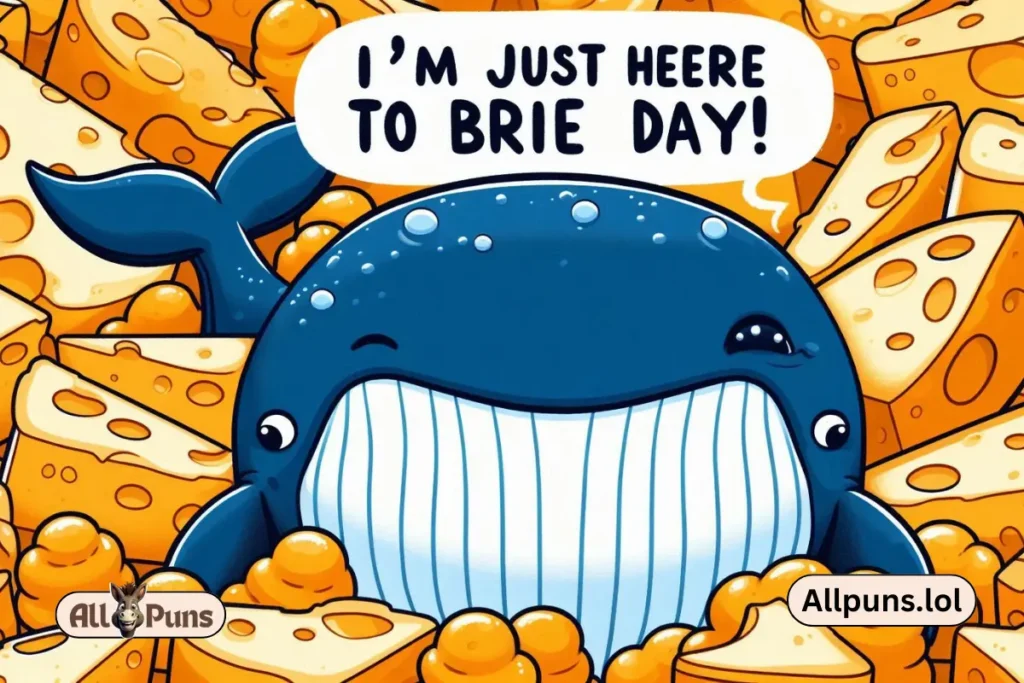 110+ Whale Puns | Cheesy, Love and Funny One-liners A smiling whale winking while surrounded by cheese wedges, saying, “I’m just here to brie your day!”