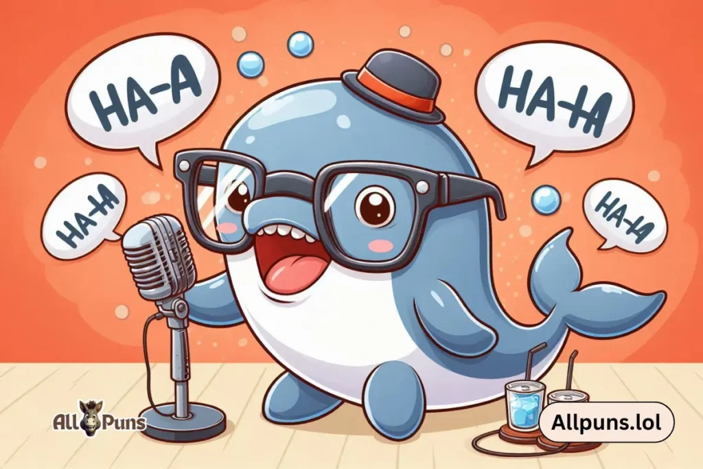 110+ Whale Puns | Cheesy, Love and Funny One-liners A cartoon whale wearing oversized glasses, holding a microphone, and telling jokes in a stand-up comedy scene, with a few “ha-ha” bubbles floating around