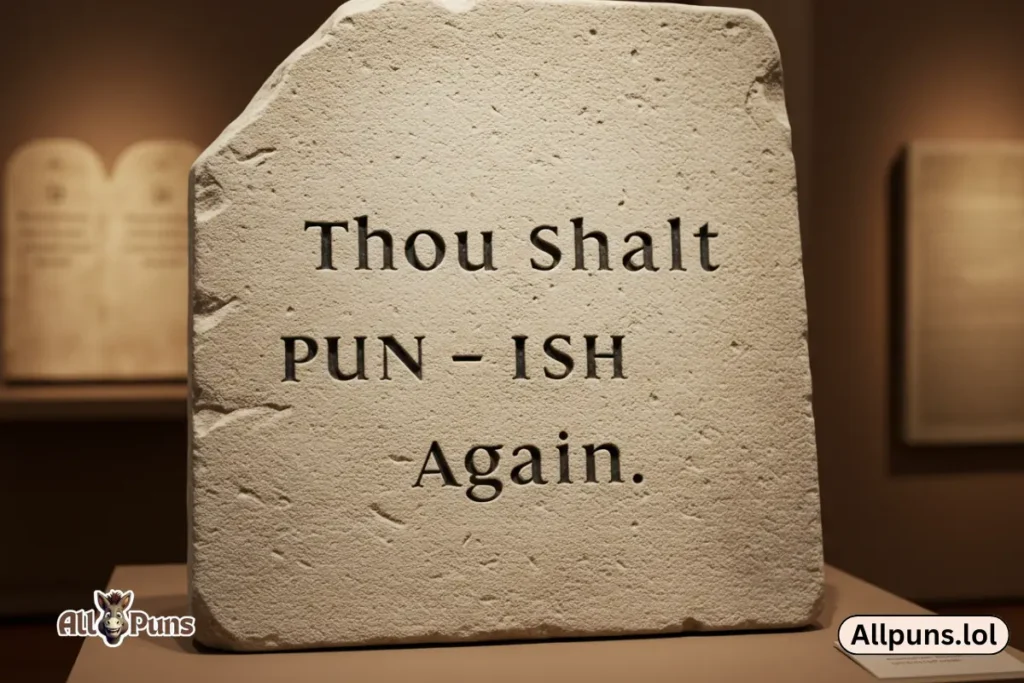 Clever Puns About Puns That Are Hilarious A stone tablet (like the Ten Commandments) engraved with:
"Thou Shalt PUN-ish Again."