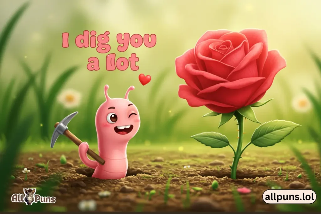120+ Flower Puns 🌼 Funny, Romantic & Cheesy Petal Jokes "I dig you a lot." A cute worm popping out of a hole in the ground, holding a tiny pickaxe and winking at a blushing flower above.