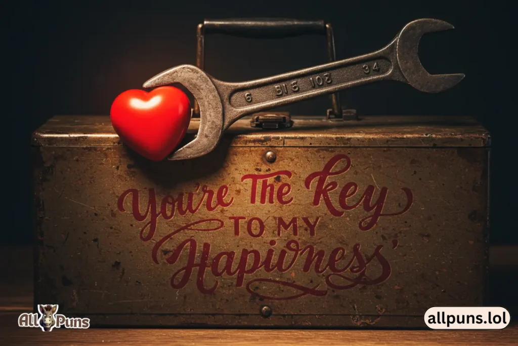 150+ Valentine’s Day Puns to Make Hearts Flutter A toolbox with a wrench holding a heart: “You’re the key to my happiness.”