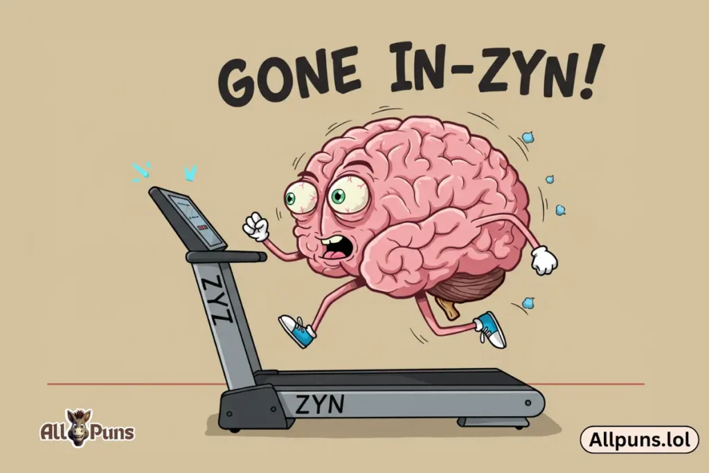Zyn Puns That’ll Keep You Smiling All Day Long A cartoon brain with wild, crazy eyes, running on a treadmill labeled “Zyn”, as if it’s "gone In-Zyn!"