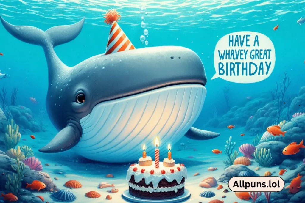 110+ Whale Puns | Cheesy, Love and Funny One-liners A party hat-wearing whale blowing a candle on a cake underwater, saying, “Have a whaley great birthday!”