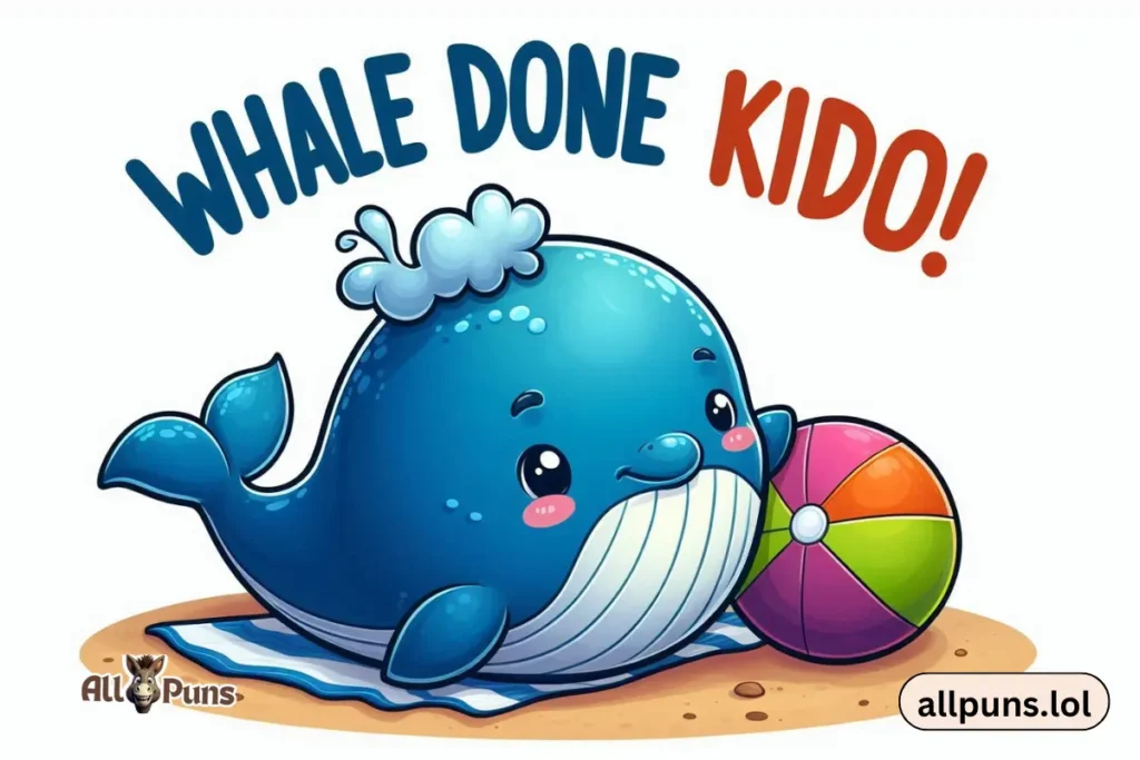 110+ Whale Puns | Cheesy, Love and Funny One-liners colorful cartoon of a baby whale playing with a ball, saying, “Whale done, kiddo!”