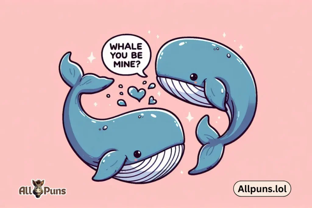110+ Whale Puns | Cheesy, Love and Funny One-liners Two whales forming a heart shape with their tails, with a text bubble saying, “Whale you be mine?”