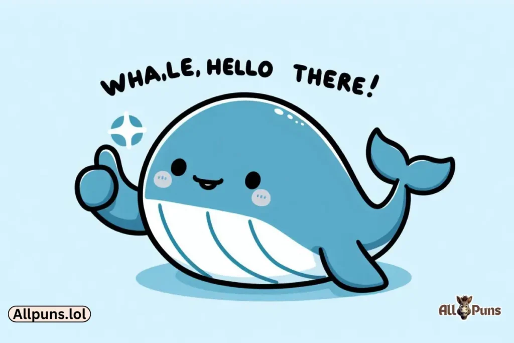 110+ Whale Puns | Cheesy, Love and Funny One-liners a whale giving a thumbs-up (or fin-up) while saying, “Whale, hello there!”